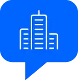 Blue speech bubble with a cityscape icon, representing corporate Accent Reduction Classes for global teams