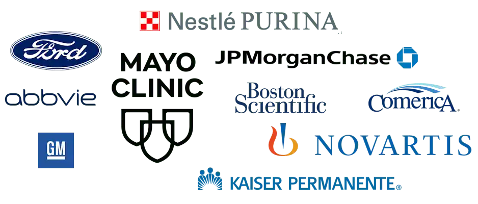 Logos of major companies including Ford, Mayo Clinic, JPMorgan Chase, and Novartis, showcasing a range of clients who benefit from Accent Reduction Classes
